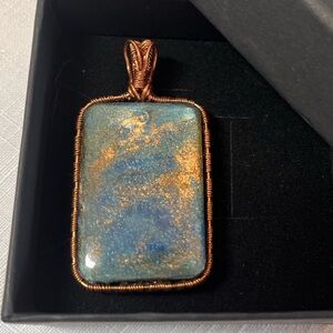 Artisan Copper Wrapped Blue and Gold Pendant. Handmade